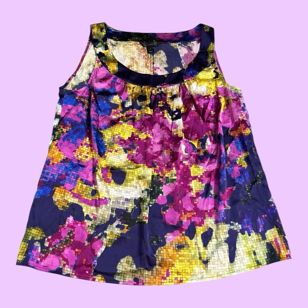 St. John Blouse Womens Size Medium Purple Silk Pixelated Print Sleeveless Artsy